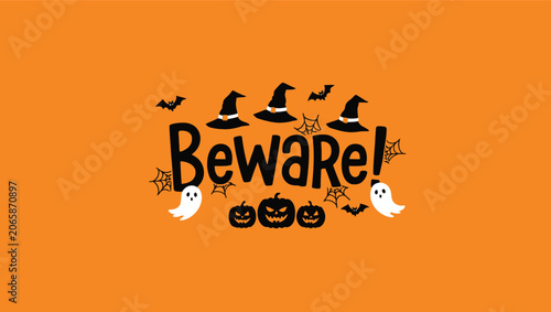 Fotografie Halloween beware text with spooky witch hats, ghosts and pumpkins on orange back