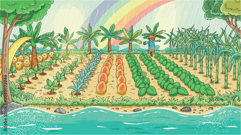 Naklejka premium A vibrant cartoon illustration depicts a tropical farm during a rainstorm