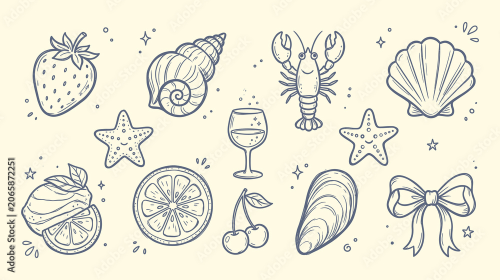 Obraz premium Set of cute hand drawn summer elements, marine life, fruits and drinks, vector illustration, doodle style collection of sea shells, lobster, starfish, lemon, strawberry, cherry and wine glass