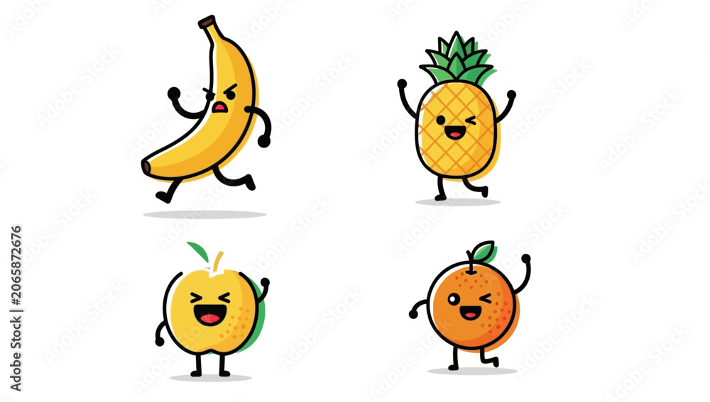 Fototapeta premium Cute Kawaii Fruit Character Vector Set