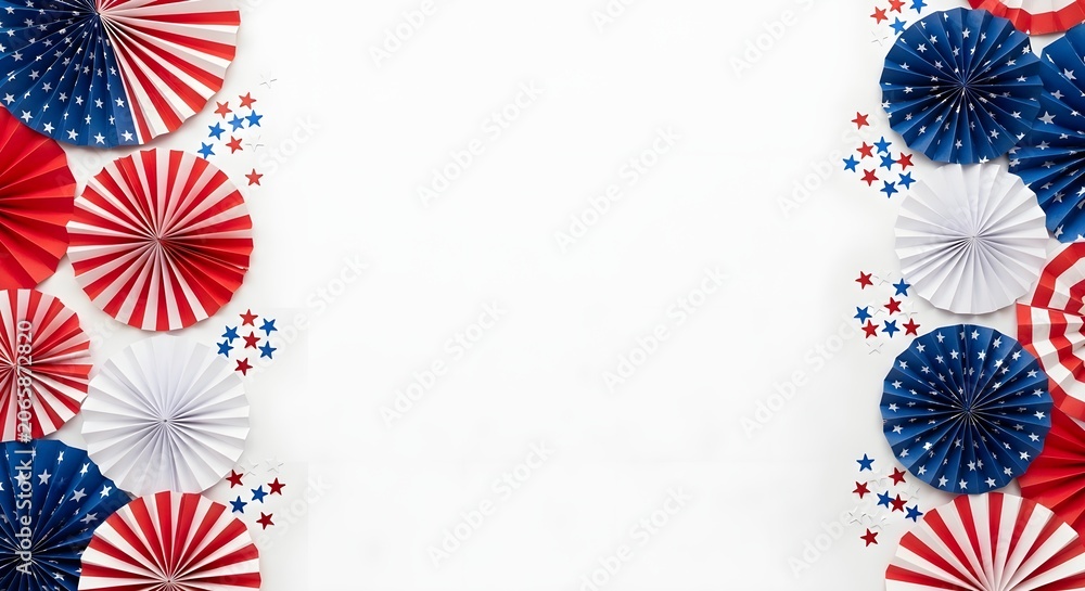 Fototapeta premium Close-up of overlapping red white and blue star confetti on white background minimal celebration pattern