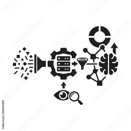 Data pipeline icon representing intelligent workflow automation black flat vector on white background
