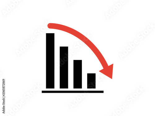 Declining business bar chart icon with red downward arrow indicating financial loss, economic recession, or decrease in sales