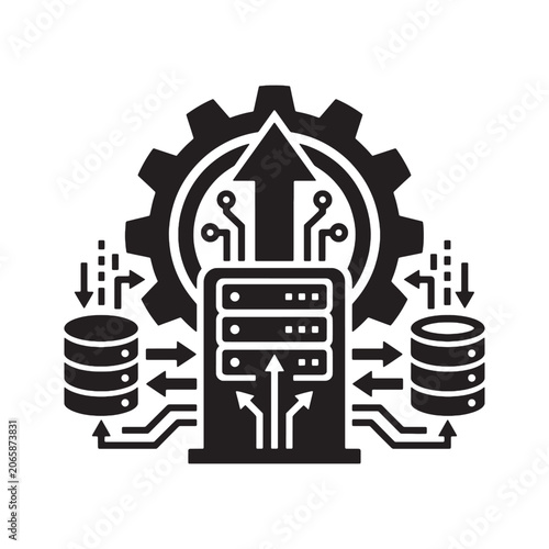 Data pipeline icon representing intelligent workflow automation with server and gears black silhouette