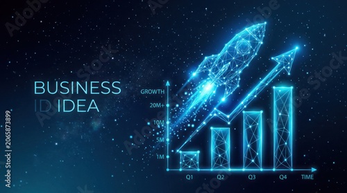 Abstract Digital Rocket Launching Upwards on a Business Growth Bar Chart.