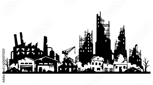 Obraz na płótnie Destroyed city skyline silhouette vector graphic with ruined buildings and aband