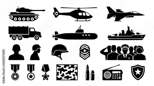 Canvastavla Armed forces and national defense military silhouette icon set with army tank he