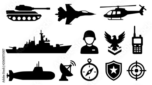 Εκτύπωση καμβά Military and defense warfare silhouette icon set including tank fighter jet heli