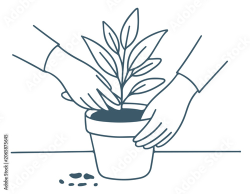 A minimalist illustration of two hands planting a small leafy plant into a pot with scattered dirt clods on a white background. Doodle