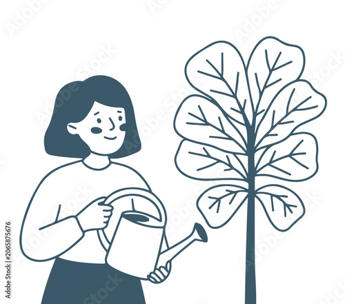 A minimalist flat illustration of a smiling woman watering a tall leafy plant on a white background. Doodle