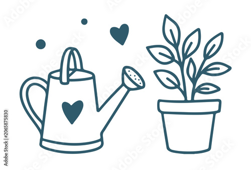 A simple hand-drawn illustration of a watering can with a heart and a small potted plant with decorative dots and a heart on a white background. Doodle