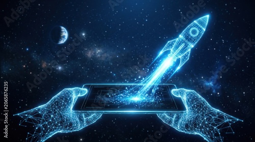 Futuristic Rocket Launching from a Digital Device in Outer Space.