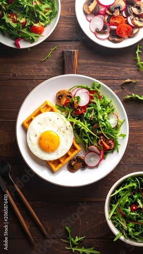 Colorful Mediterranean salad bowl with egg and herbs.