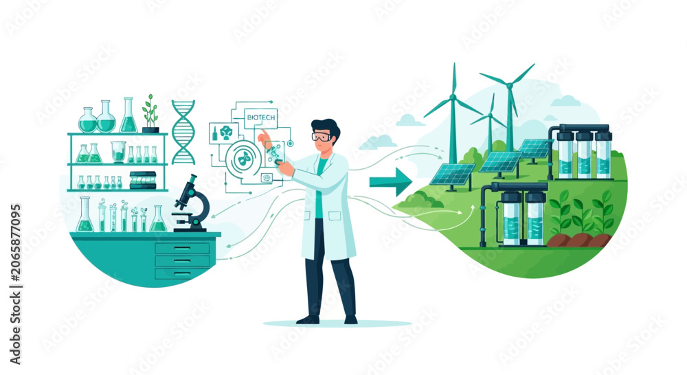 Naklejka premium Scientist Connects Lab Research to Renewable Energy and Sustainable Agriculture