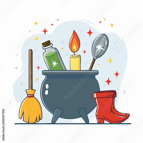 Witch's Cauldron with Potion, Broom, Candle, and Boot