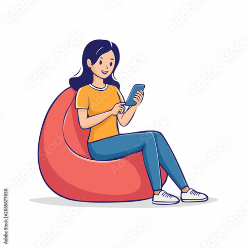 Woman Relaxing on Beanbag Chair Using Smartphone