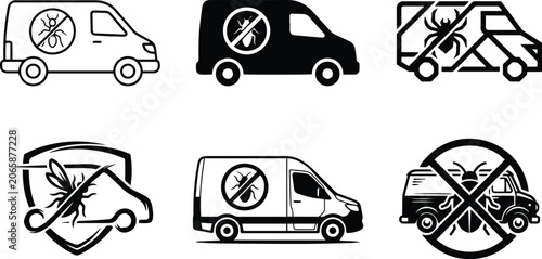 Pest control service van commercial truck delivery vehicle icon set showing mobile extermination company chemical protection transit and insect removal logistics