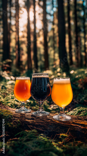 assorted beer styles served in tasting glasses on a forest log with warm sunlight and woodland scenery concept of brewing culture hospitality tourism and outdoor recreation