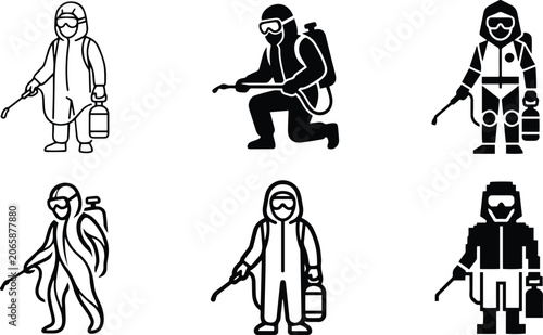 Professional pest control worker wearing protective suit icon collection representing hazardous chemical disinfection spraying service emergency extermination line art graphics