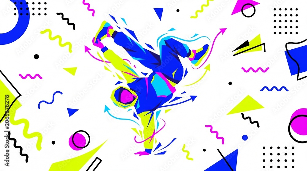 Obraz premium Dynamic breakdancer performing one-hand freeze in geometric memphis vector illustration