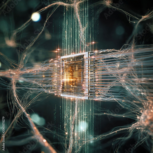 Macro shot of a futuristic microchip being integrated into a complex neural network representing advanced artificial intelligence computing power