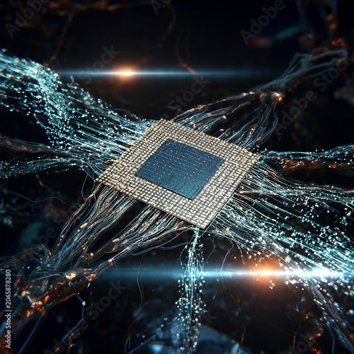 Futuristic microchip integrated within a complex network of glowing data fibers and luminous light trails for advanced computing