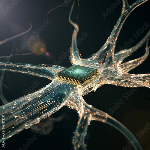 Futuristic microchip intricately integrated into a complex neural network structure, symbolizing advanced artificial intelligence and biological computing