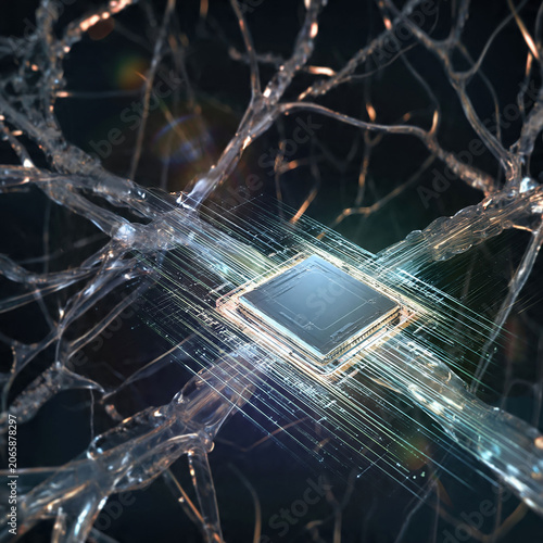 Macro-shot of a cutting-edge microchip intricately integrated within glowing neural pathways, visualizing the complex future of artificial intelligence, neuroscience, and advanced computing