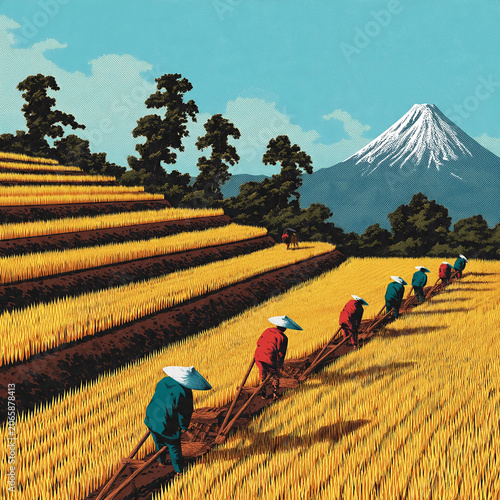 Japanese farmers cultivate golden terraced fields with traditional wooden plows, against the majestic Mount Fuji, depicting timeless agricultural heritage