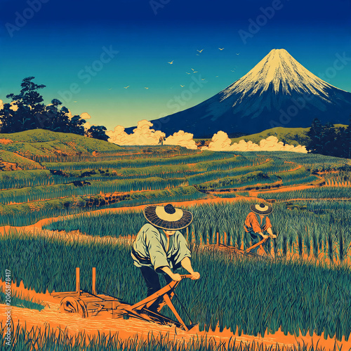 Vibrant ukiyo-e art shows diligent Japanese farmers working terraced fields with wooden plows, overlooked by a majestic mountain under a clear sky