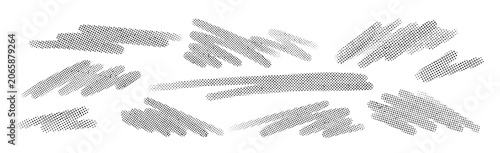 Set of gray halftone brush stroke textures isolated on white background, useful as grunge design elements, banners, overlays, and modern abstract backgrounds