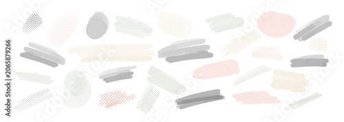 Soft pastel brush strokes and dotted shapes in gray, beige, pink and white on...