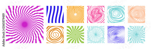 Abstract Swirl and Spiral Line Elements Collection with Wavy Geometric Patterns, Twisted Contour Shapes, Optical Illusion Backgrounds and Modern Decorative Design Elements