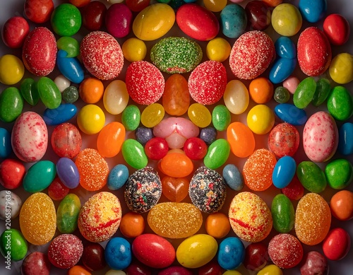 Colorful mixed candies in glass jar closeup.
