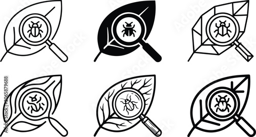 Magnifying glass inspecting bug on green leaf icon set representing biological research pest identification crop disease analysis and forestry protection