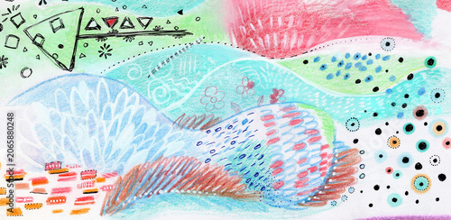 Abstract Illustration in Colored Pencil and Acrylic Paint With Flowing Organic Forms, Pastel Palette and Contemporary Creative Expression