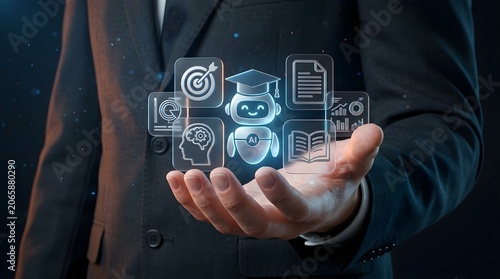 Businessman holding AI robot and educational learning interface icons