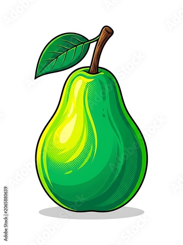 Fresh green pear with leaf on white background.