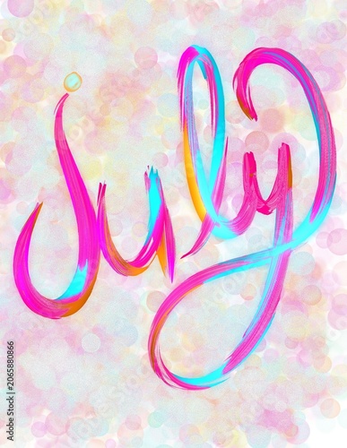 July typography, month name in colourful typography wording 