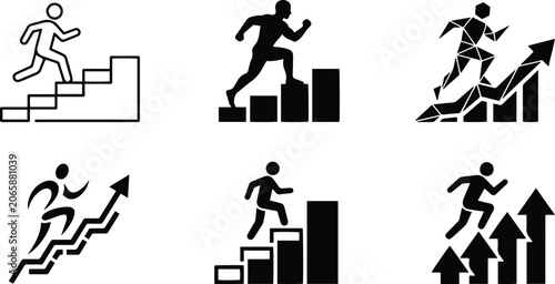 Human figure running up stairs climbing graph icon set representing business career progress financial growth motivation step development and success