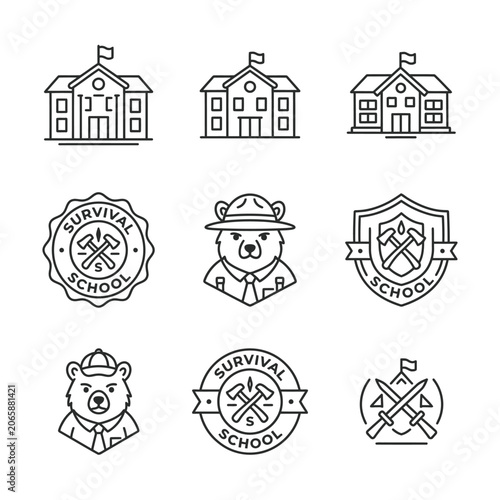 Survival school icons and buildings.