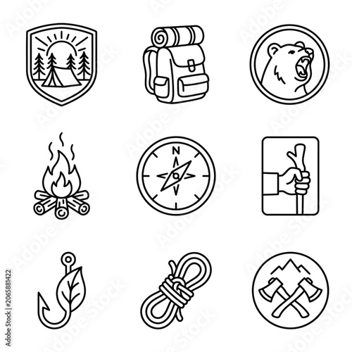 Camping and hiking adventure icons set.