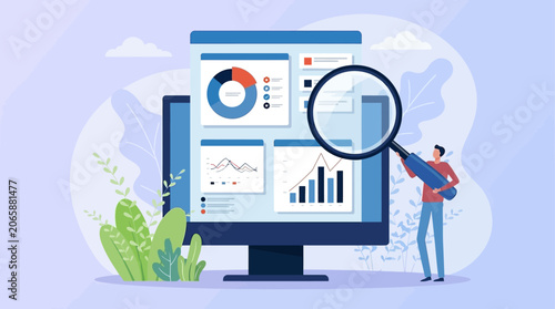 Obraz na plátně Business Data Analysis Dashboard with Charts and Magnifying Glass Vector Illustr
