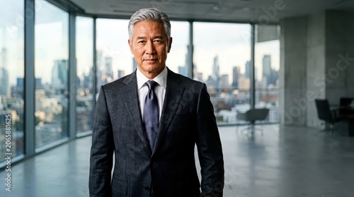 Distinguished middle-aged man with salt and pepper hair wearing a tailored charcoal wool suit and silk tie standing centered in a high-end architectural loft with bright natural light and