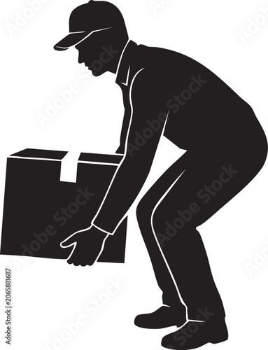 Silhouette of a delivery person lifting a cardboard box black and white graphic deliveryman courier package parcel shipping logistics transport freight carrier postman