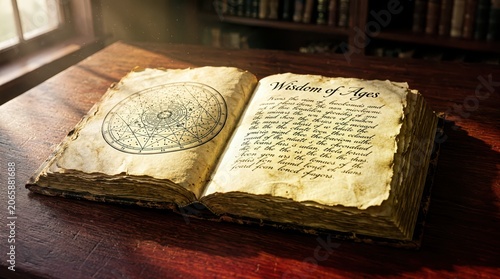 Antique book open on dark mahogany study table featuring weathered leather binding yellowed parchment pages with intricate ink illustrations and elegant cursive text for a classic scholarly