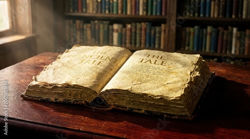 Antique book open on a dark mahogany library table with yellowed deckled pages and intricate gold leaf typography, capturing a scholarly atmosphere of historical research in a vintage study