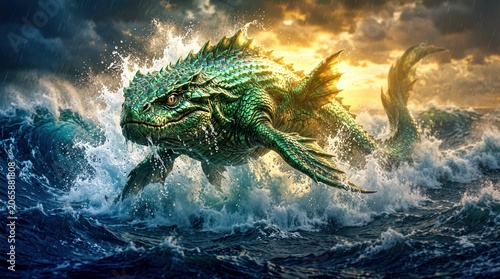 Colossal ancient sea serpent with iridescent emerald scales and bioluminescent fins rises dynamically from a turbulent storm-tossed ocean, towering over the dark crashing waves in a cinematic