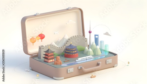 Charming 3D travel scene featuring famous Chinese landmarks emerging from a suitcase, representing tourism, culture, and exploration.