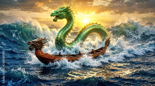 Emerald sea serpent with iridescent dragon scales emerges from turbulent foam crested ocean waves near a traditional ornate temple structure in a cinematic fantasy scene with epic scale and